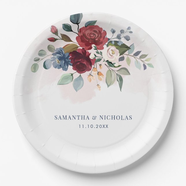 Burgundy Floral Greenery Wedding Reception Paper Plates (Front)