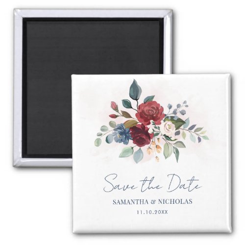 Burgundy Floral Greenery Wedding Save the Date Magnet