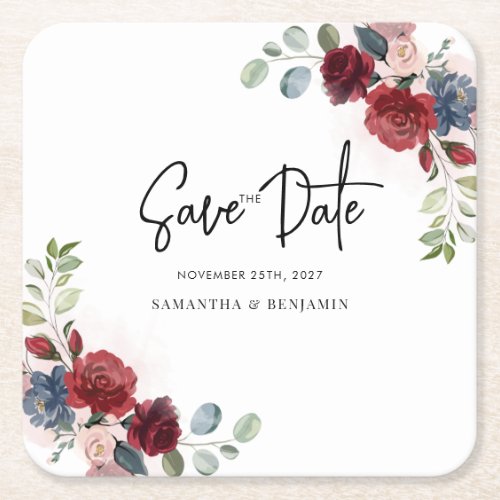 Burgundy Floral Greenery Wedding Save The Date Square Paper Coaster