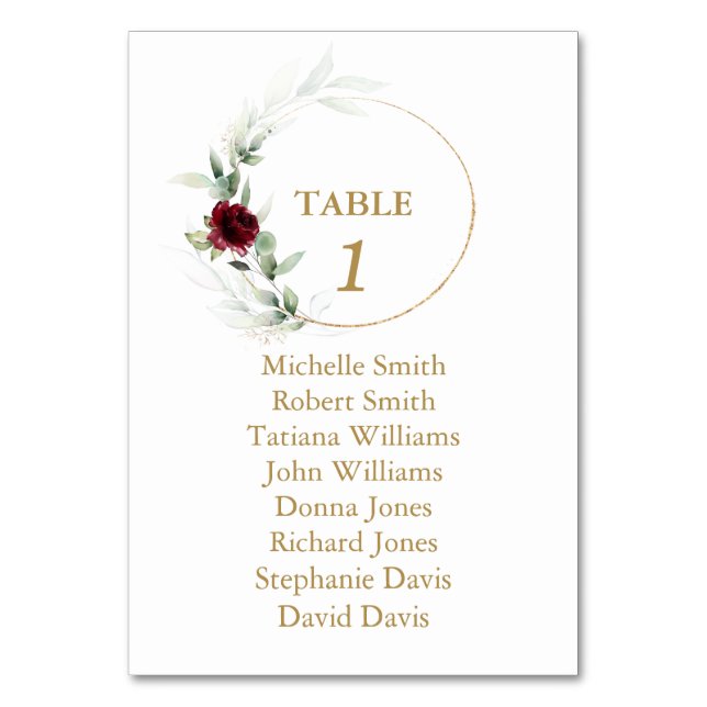 Burgundy Floral Greenery Wedding Seating Chart   Table Number (Front)