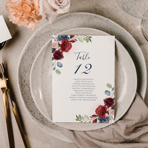 Burgundy Floral Greenery Wedding Table Number 12