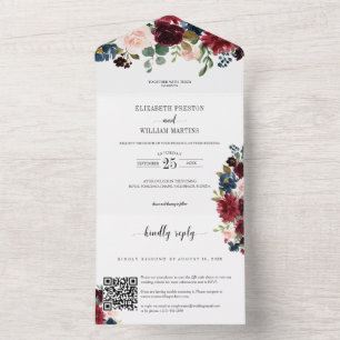 Burgundy Floral Greenery Wedding with QR Code RSVP All In One Invitation