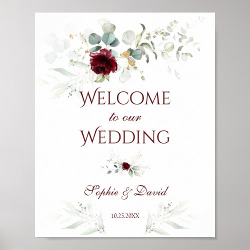 Burgundy Floral Greenery Welcome Wedding Sign