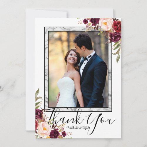 Burgundy Floral Grey Marble Script Photo Wedding Thank You Card