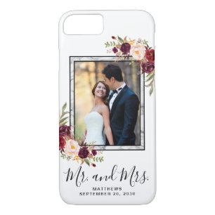 Burgundy Floral Grey Marble Script Wedding Photo iPhone 8/7 Case