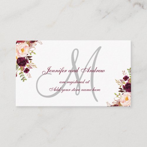 Burgundy Floral Grey Monogram Wedding Registration Enclosure Card