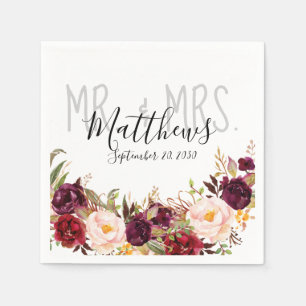 Burgundy Floral Hand Lettered Chic Rustic Wedding Napkins