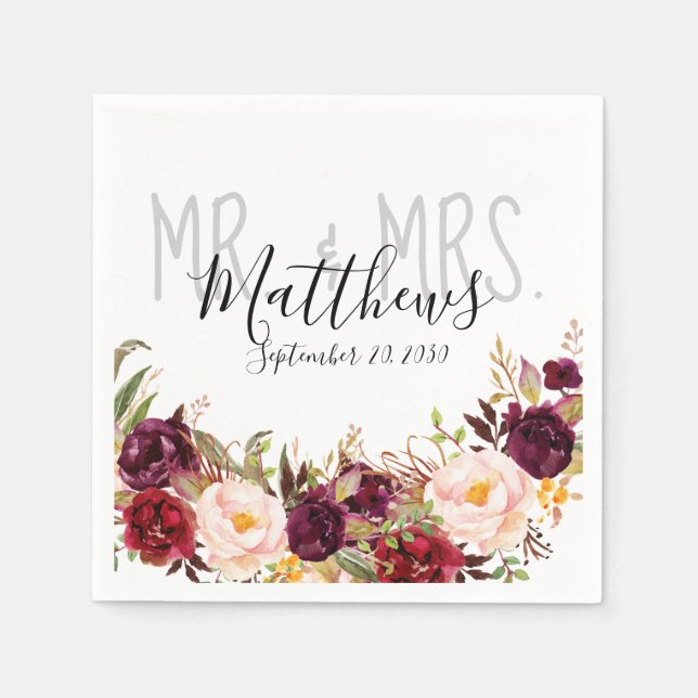 Burgundy Floral Hand Lettered Chic Rustic Wedding Napkins (Front)