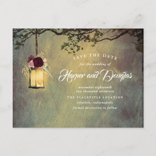 Burgundy Floral Hanging Lantern Save the Date Announcement Postcard
