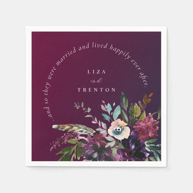 Burgundy Floral Happily Ever After Quote Wedding Napkins (Front)