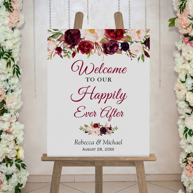Burgundy Floral Happily Ever After Wedding Sign (Creator Uploaded)