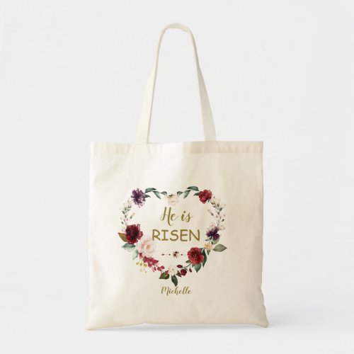 Burgundy Floral Heart Happy Easter He Is Risen Tote Bag