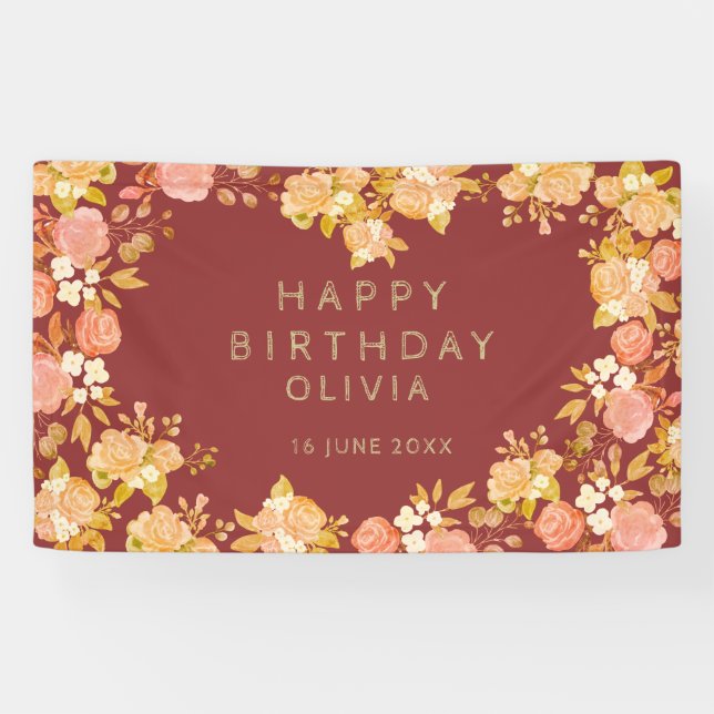 Burgundy Floral Heart- Shaped Happy Birthday Banner (Horizontal)