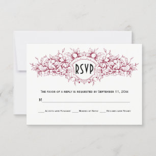 Burgundy floral heraldic crest wedding RSVP card
