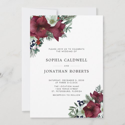 Burgundy Floral Holiday Greenery Winter Wedding  Invitation