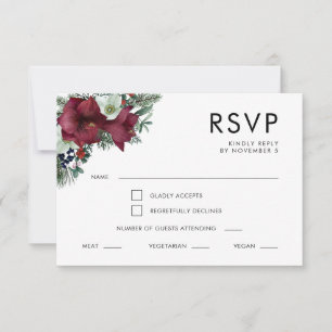 Burgundy Floral Holiday Greenery Winter Wedding RSVP Card