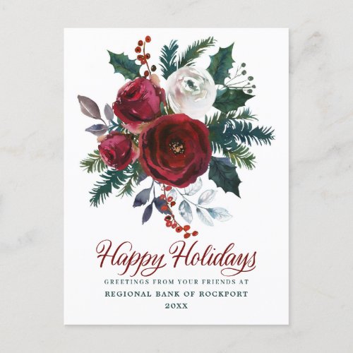 Burgundy Floral Holly Corporate Christmas Postcard