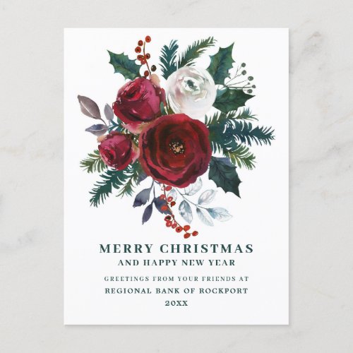 Burgundy Floral Holly Corporate Christmas Postcard