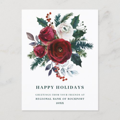 Burgundy Floral Holly Corporate Christmas Postcard