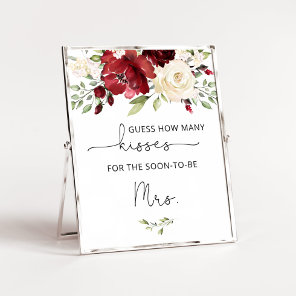 Burgundy floral how many kisses bridal shower game poster