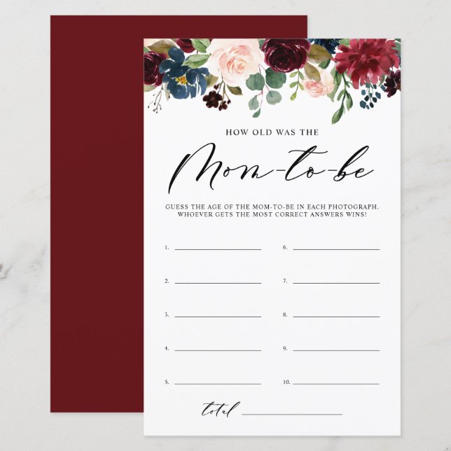 Burgundy Floral How Old Was The Mom Shower Game (Front/Back)