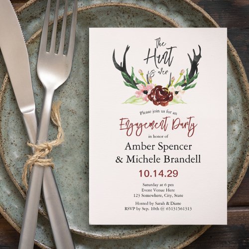  Burgundy Floral Hunt is Over Engagement Party Invitation