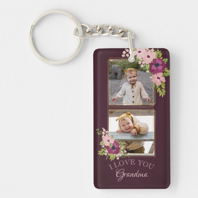 Burgundy Floral I Love You Grandma Photo Collage Keychain (Front)