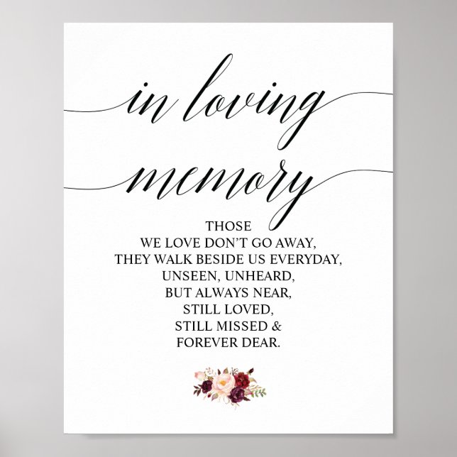 Burgundy floral In Loving Memory Memorial Sign (Front)
