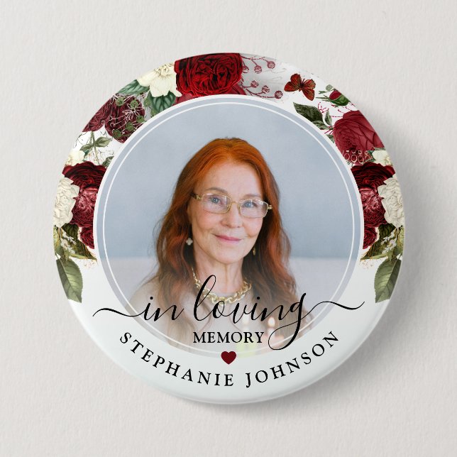 Burgundy Floral In Loving Memory Photo Memorial Button (Front)