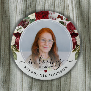 Burgundy Floral In Loving Memory Photo Memorial Button