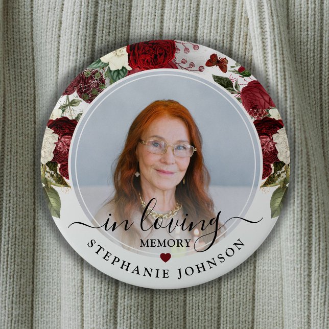Burgundy Floral In Loving Memory Photo Memorial Button (Creator Uploaded)