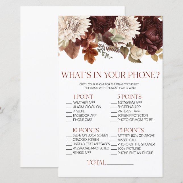 Burgundy Floral In Your Phone Baby Shower Game (Front/Back)