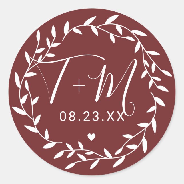 Burgundy Floral Initials Wedding Save The Date Classic Round Sticker (Front)