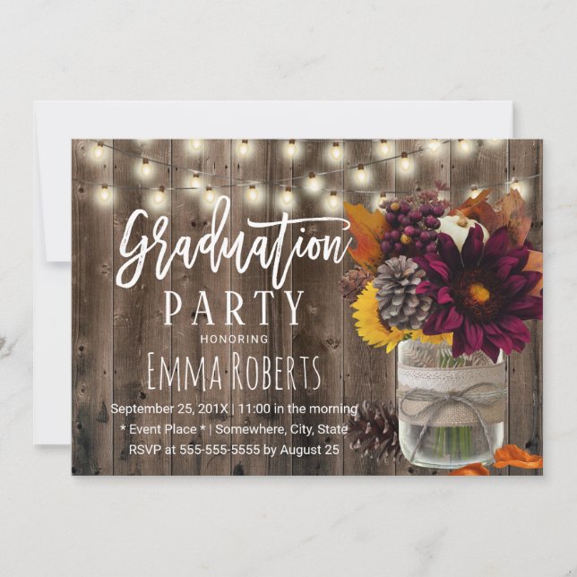 Burgundy Floral Jar Rustic Barn Wood Graduation Invitation (Front)