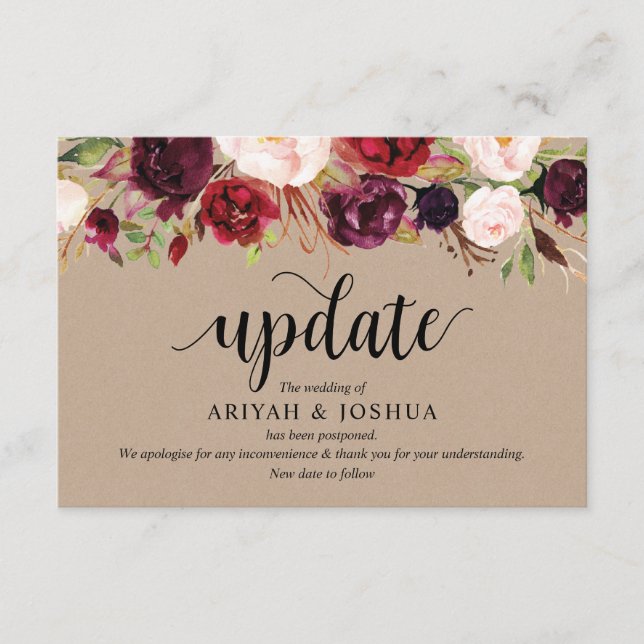 Burgundy Floral, Kraft, Black, Wedding postpone Enclosure Card (Front)