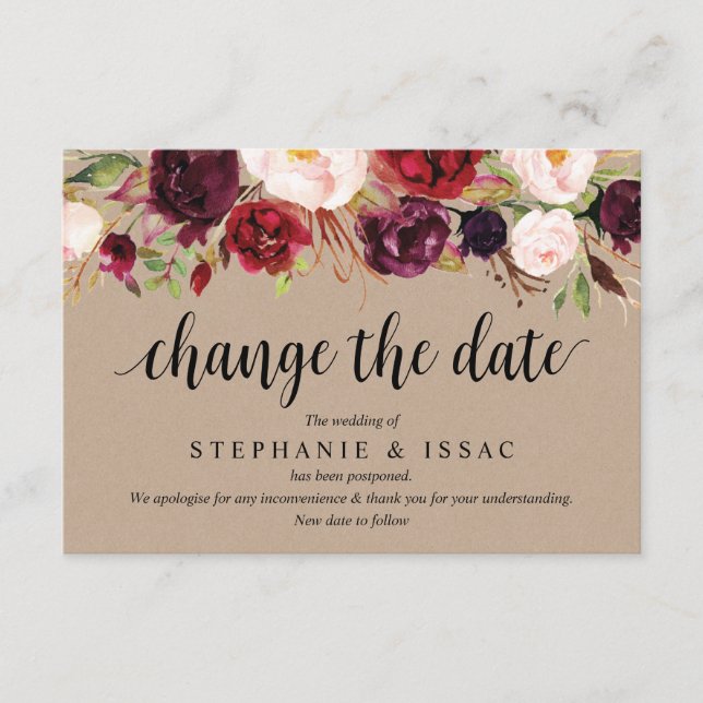 Burgundy Floral, Kraft, Black, Wedding postpone Enclosure Card (Front)