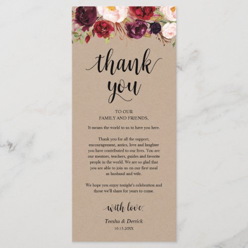 Burgundy Floral Kraft Place Setting Thank You Card