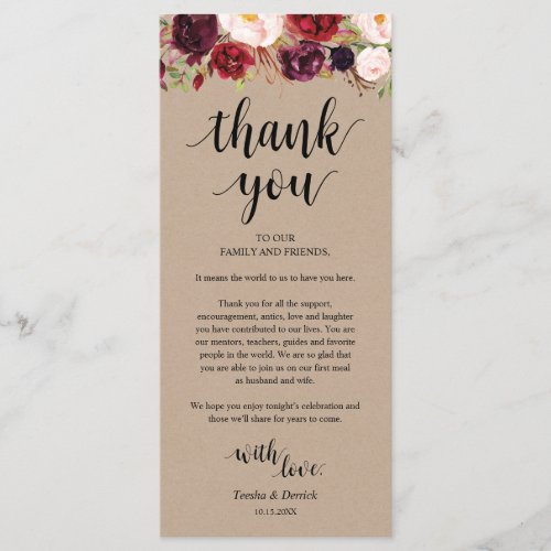 Burgundy Floral Kraft Place Setting Thank You Card