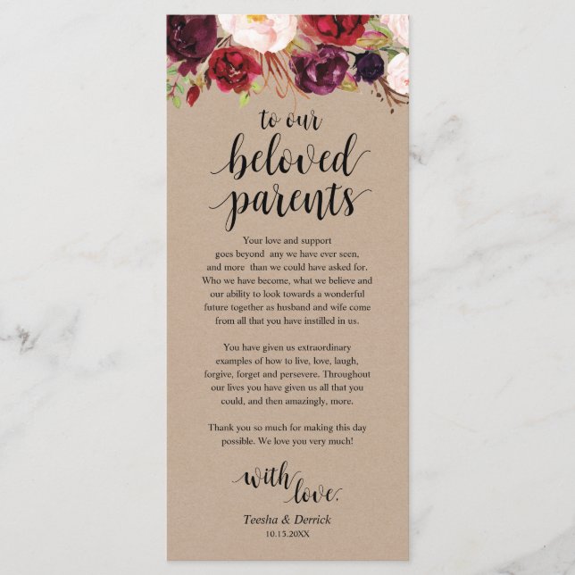 Burgundy Floral Kraft Place Setting Thank You Card (Front)