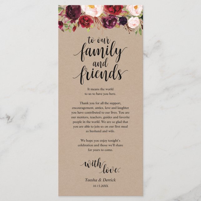 Burgundy Floral Kraft Place Setting Thank You Card (Front)
