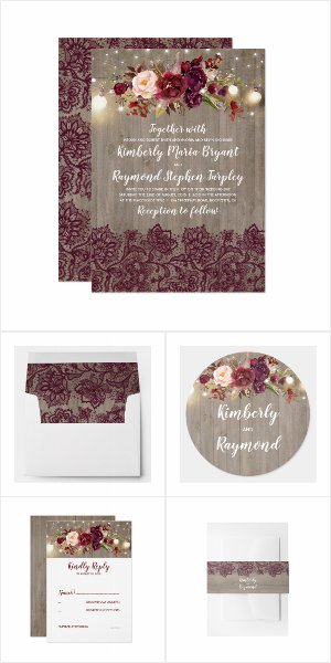 Burgundy Floral Lace Wedding Invitation Set