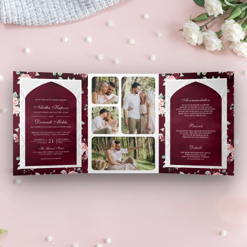 Burgundy Floral Lace All in One Indian Wedding Tri_Fold Invitation