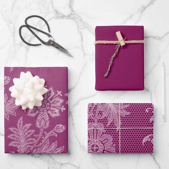 Burgundy Floral Lace Bridal Shower Wrapping Paper Sheets (Front)