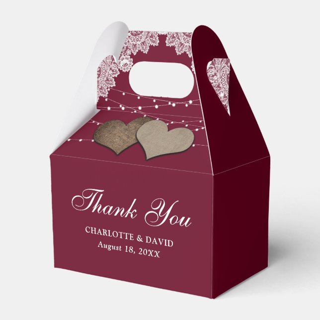 Burgundy Floral Lace Lights Burlap Hearts Wedding Favor Boxes (Front Side)