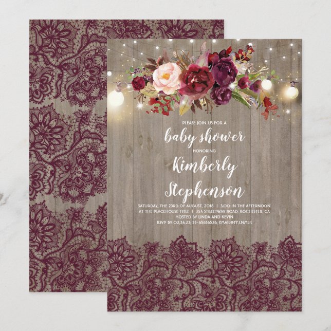 Burgundy Floral Lace Rustic Baby Shower Invitation (Front/Back)
