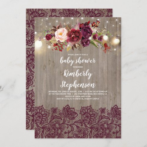 Burgundy Floral Lace Rustic Baby Shower Invitation