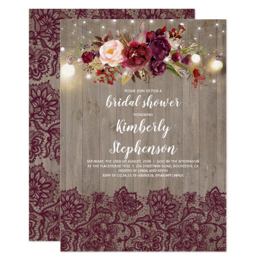 Burgundy Fl Lace Rustic Bridal Shower Invitation Zazzle Burgundy Fl Lace Rustic Bridal Shower Invitation