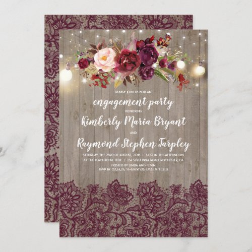 Burgundy Floral Lace Rustic Engagement Party Invitation