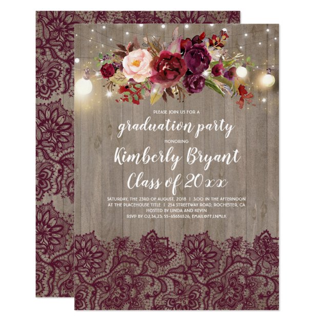 Burgundy Floral Lace Rustic Graduation Party Invitation