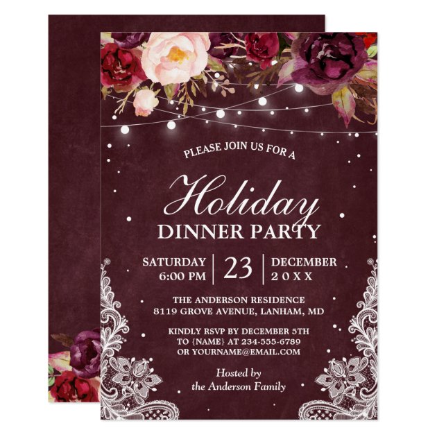Burgundy Floral Lace String Lights Holiday Party Invitation
